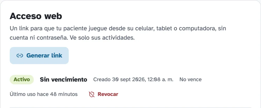 Acceso web en la ficha de un paciente: un link sin vencimiento, activo, usado hace unos segundos, con la opción de revocarlo